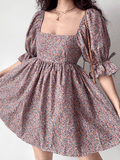 Chicdear Vintage Square Neck Puff Sleeve Floral Dress