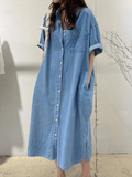 Chicdear Vintage Lapel Single Breasted Casual Pocket Denim Dress