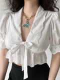 Chicdear French Court Style Puff Sleeve Embroidered Tie White Shirt