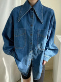 Chicdear Vintage Large Collar Single Breasted Loose Denim Shirt