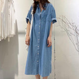 Chicdear Vintage Lapel Single Breasted Casual Pocket Denim Dress