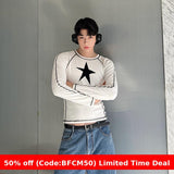  Winter outfits men Cyber Monday 2024 Christmas outfits Y2K Style Contrast Color Five-Pointed Star Fashion Long Sleeve T-shirt Men and Women 