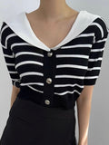 Chicdear Vintage Navy Collar Striped Knitting T-shirt