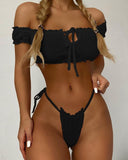 Chicdear-Black Friday Christmas Thanksgiving Off Shoulder Frill Hem Tie Front Crop Top & Thong Bikini Set