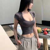 Chicdear 2023 Summer Slim T-Shirt Women Sexy Short Sleeve T Shirt U-Neck Gray Tee Female Solid Basic Black/White Korean Crop Tops Hot Y2k