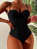 Chicdear-Black Friday Christmas Thanksgiving Simple Spaghetti-Neck Pleated Solid Color One-Piece Swimwear