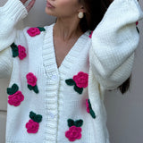 Chicdear-Winter outfits ideas Three dimensional rose blossom knitted cardigan top hand crocheted sweater jacket