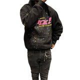 Chicdear Black Street Print Letter Hooded Collar Tops