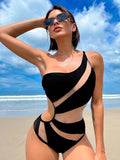 Chicdear-Black Friday Christmas Thanksgiving Sexy Asymmetric See-Through Split-Joint One-Shoulder One-Piece Swimwear