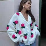 Chicdear-Winter outfits ideas Three dimensional rose blossom knitted cardigan top hand crocheted sweater jacket