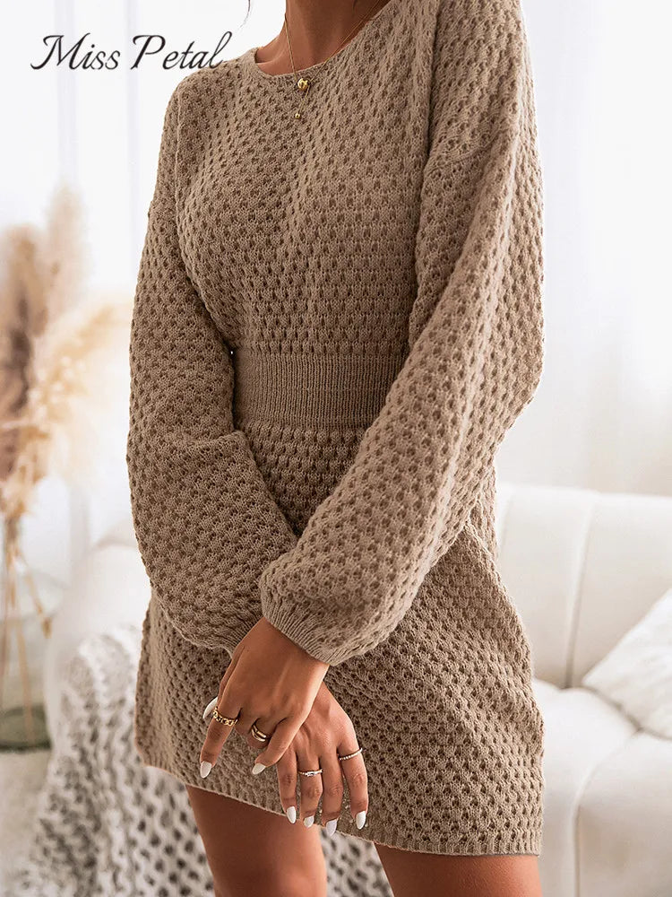 Christmas gift    Honeycomb Knit Brown Sweater Dress Woman Casual Long Sleeve Long Sweater Dress 2023 Autumn Winter Pullovers Outerwear