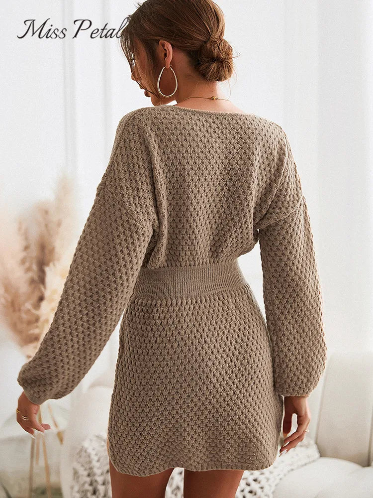 Christmas gift    Honeycomb Knit Brown Sweater Dress Woman Casual Long Sleeve Long Sweater Dress 2023 Autumn Winter Pullovers Outerwear