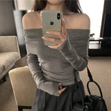 Chicdear Black Solid Off Shoulder Elegant Long Sleeve Tops Korean Fashion Slim Sexy Cropped T Shirt Women Autumn Y2k Clothing Skinny Top