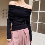 Chicdear Black Solid Off Shoulder Elegant Long Sleeve Tops Korean Fashion Slim Sexy Cropped T Shirt Women Autumn Y2k Clothing Skinny Top