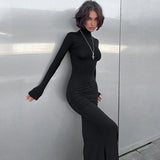 Chicdear Black Noble Simple Dress High Collar Long Sleeve Basic Fishtail Prom Occasion Slim Dress Streetwear For Autumn