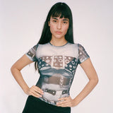 Chicdear Summer Graphic Tee Shirt Y2K 2000S Fashion Women Streetwear Mesh Print Crop Tops