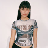 Chicdear Summer Graphic Tee Shirt Y2K 2000S Fashion Women Streetwear Mesh Print Crop Tops