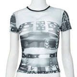 Chicdear Summer Graphic Tee Shirt Y2K 2000S Fashion Women Streetwear Mesh Print Crop Tops