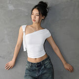 Chicdear Summer T-Shirts Women Sexy Folds Sweet Irregular Bandage Design Slim Chic Skew Collar Crop Tops Aesthetic Club Korean S