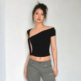 Chicdear Summer T-Shirts Women Sexy Folds Sweet Irregular Bandage Design Slim Chic Skew Collar Crop Tops Aesthetic Club Korean S