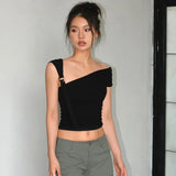 Chicdear Summer T-Shirts Women Sexy Folds Sweet Irregular Bandage Design Slim Chic Skew Collar Crop Tops Aesthetic Club Korean S