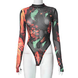 Chicdear Tie Dye Bodysuit Long Sleeve Lingerie Body Uncensored Tight Fitting Woman Crotchless Mesh Sexy Tops See Through Outfit ââ‚?Bestseller