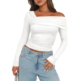 Chicdear  Women Basic Solid Undershirt Slash Off Shoulder Full Sleeve Shirt Shrunk Soft T-Shirt Autumn Versatile Street Daily Top