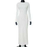 Chicdear Women White Elegant Knitted Dress Casual Slim Underdress Full Sleeve Texture Long Dress Autumn Street Outfits