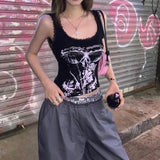 Chicdear Gothic Print Tops Aesthetic Y2K Crop Top Lace Sleeveless Camisole Vest Harajuku Streetwear Black Tank Top Women Clothes