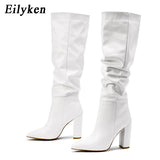 Chicader -   Fashion White Black Women Knee High Boots Sexy Pointed Toe Square Heels Ladies Long Slip On Female Shoes size 35-42