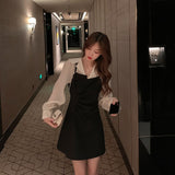 Chicdear Vintage Elegant Dress for Women Patchwork Long Sleeve Office Lady Dress Female Slim Black One Piece Dress Korean Summer