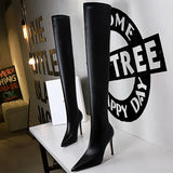 Chicdear -  Shoes Stiletto Over-the-Knee Boots Black Leather Boots Thin High Heel Boots Winter Long Boots Plus Size 43