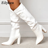 Chicader -   Fashion White Black Women Knee High Boots Sexy Pointed Toe Square Heels Ladies Long Slip On Female Shoes size 35-42