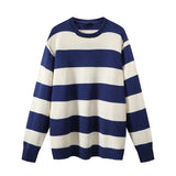 Chicdear - Women Fashion Sweater Pullover Soft Cotton O Neck 2023 Spring Ladies Vintage Loose Sweaters Female Striped Casual Knitwear