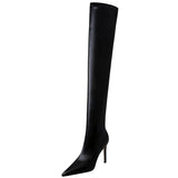 Chicdear -  Shoes Stiletto Over-the-Knee Boots Black Leather Boots Thin High Heel Boots Winter Long Boots Plus Size 43