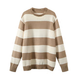 Chicdear - Women Fashion Sweater Pullover Soft Cotton O Neck 2023 Spring Ladies Vintage Loose Sweaters Female Striped Casual Knitwear