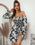 Chicdear Women Dress Elegant Square Collar Floral A-line Long Sleeve Dress Summer 2024 Printing Short Dress Petal Sleeve Boho Dress