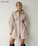 Chicdear Spring Summer Bodycon Dress Women Khaki Long Sleeve Pleated Shirt Dress Office Ladies Solid Lapel Casual Mini Dresss