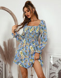 Chicdear Women Dress Elegant Square Collar Floral A-line Long Sleeve Dress Summer 2024 Printing Short Dress Petal Sleeve Boho Dress