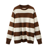 Chicdear - Women Fashion Sweater Pullover Soft Cotton O Neck 2023 Spring Ladies Vintage Loose Sweaters Female Striped Casual Knitwear