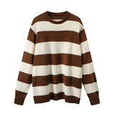 Chicdear - Women 2024 Sweater Pullover Soft Cotton O Neck  Spring Ladies Vintage Loose Sweaters Female Striped Casual Knitwear