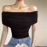 Chicdear Irregular Crop Top Women Off Shoulder Elegant Pleated Top Female Sleeveless Sexy Tops Woman Fashion Streetwear Summer T-shirt