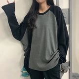 Chicdear New 2023 Female T-shirt Grey O Neck Contrast Color Long Sleeve T Shirt Loose Autumn Tee Tops for Women Shirts Patchwork