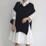 2000s fashion Spring 2024 Korean Style Drop-Shoulder Lantern Sleeve Stitching Large Skirt Shirt Dress + Knitted Vest