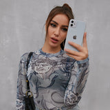 fall 2024 fashion Lace-up Sexy Transparent Mesh Long Sleeve T-shirt for Women