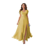 dress Ruffle Sleeve Slit Chiffon Bridal Shower Dress Long V-neck Formal Chiffon Maxi Dress Cocktail Party Evening Dress