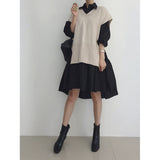 2000s fashion Spring 2024 Korean Style Drop-Shoulder Lantern Sleeve Stitching Large Skirt Shirt Dress + Knitted Vest