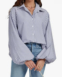 fall outfits women Fall 2024 Women's Striped Bishop Long Sleeve Collar V-neck Button-down Shirt Loose