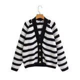 Autumn and Winter New Women's Lazy Style Black and White Striped Single-Breasted Loose Sweater Coat 