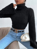 90s streetwear Autumn and Winter New Turtleneck Short Exposed Navel Plush Sweater